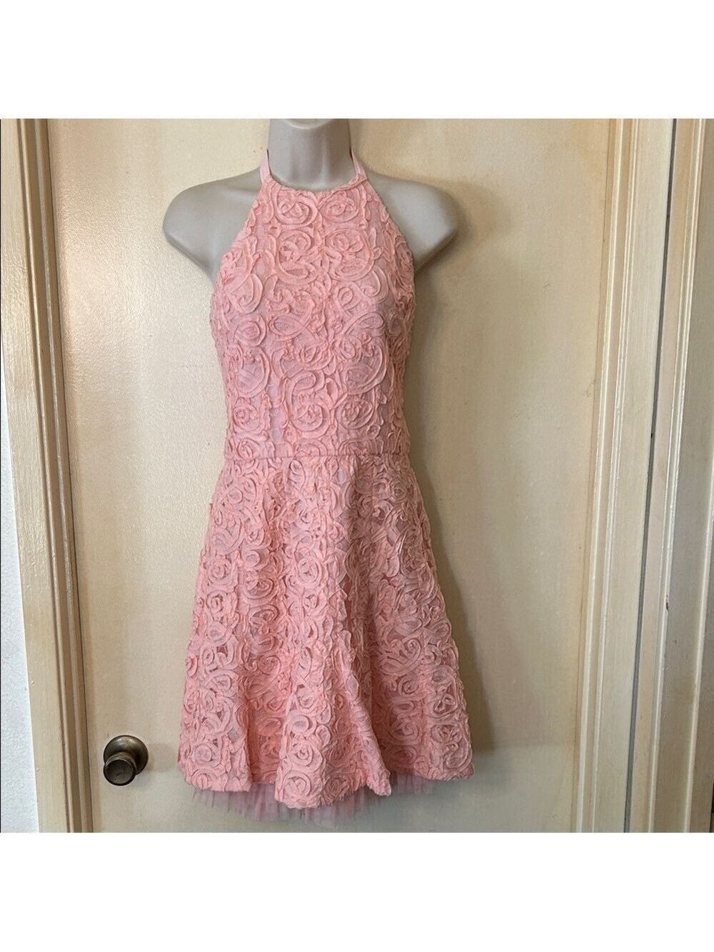 BCBGMAXAzria Basanti Pink Lace Backless HalterDress size 10